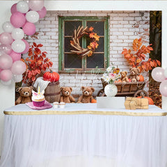 Lofaris Rustic Autumn Backdrop with Teddy Bears and Pumpkins Cozy Fall Background for Studio Portrait Photography