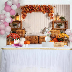 Lofaris Rustic Autumn Backdrop with White Wood Maple Leaves and Pumpkins Cozy Hay Bales Lanterns Harvest Photography Background