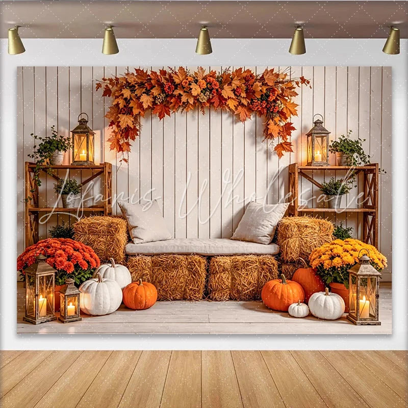 Lofaris Rustic Autumn Backdrop with White Wood Maple Leaves and Pumpkins Cozy Hay Bales Lanterns Harvest Photography Background
