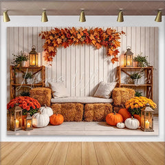 Lofaris Rustic Autumn Backdrop with White Wood Maple Leaves and Pumpkins Cozy Hay Bales Lanterns Harvest Photography Background