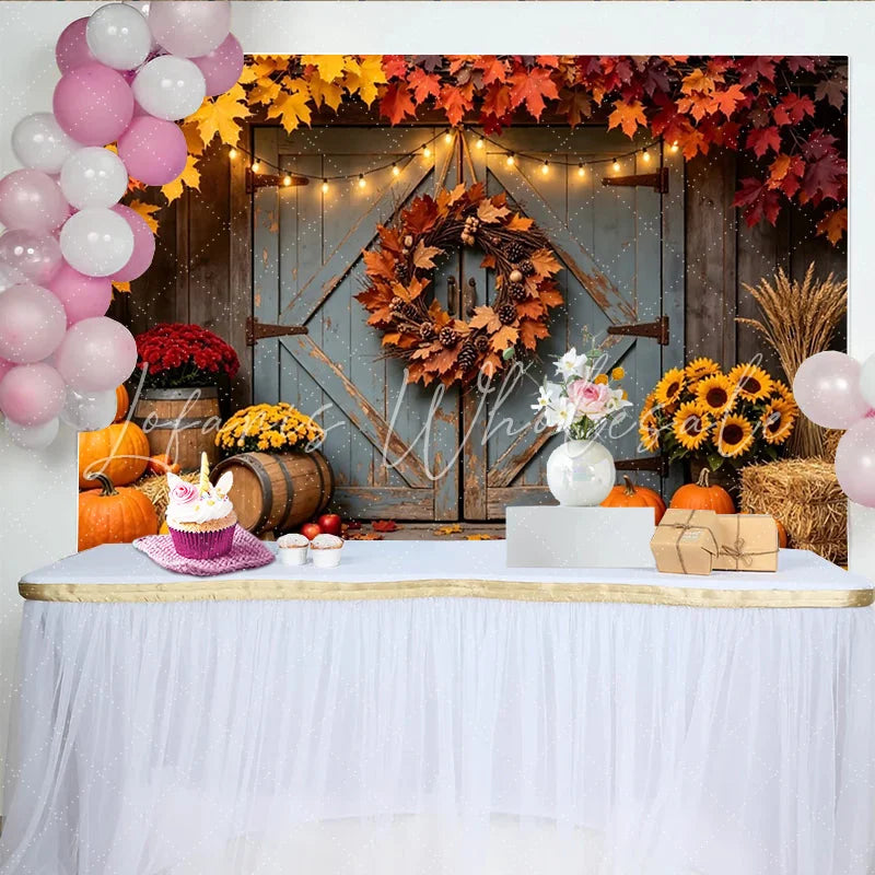 Lofaris Rustic Autumn Backdrop with Wooden Barn Doors Pumpkins and Fall Leaves Harvest Photography Background for Seasonal Decor and Events.
