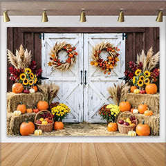 Lofaris Rustic Autumn Barn Door Backdrop with Pumpkins Sunflowers and Fall Wreaths Farmhouse Harvest Photography Background Prop