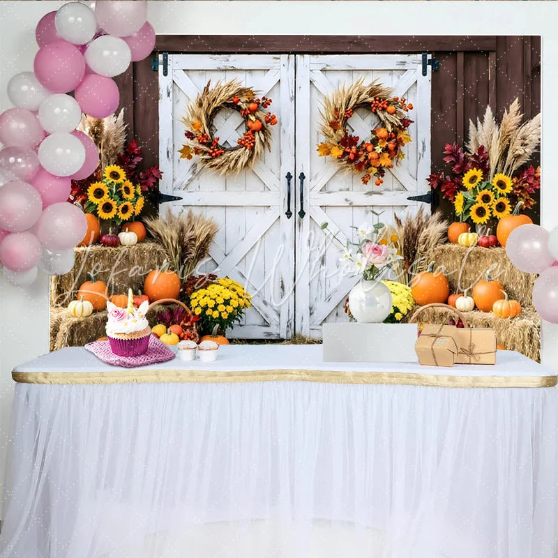 Lofaris Rustic Autumn Barn Door Backdrop with Pumpkins Sunflowers and Fall Wreaths Farmhouse Harvest Photography Background Prop
