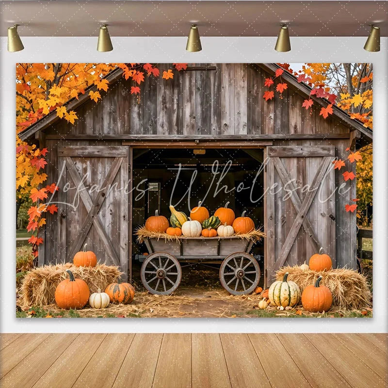 Lofaris Rustic Autumn Barn Photography Backdrop with Pumpkins Fall Harvest Photo Booth Background for Studio