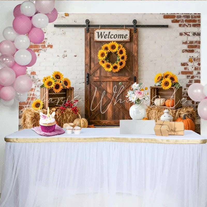 Lofaris Rustic Autumn Harvest Backdrop with Barn Door and Sunflowers Pumpkins and Hay Bales for Fall Party Decor Photo Background