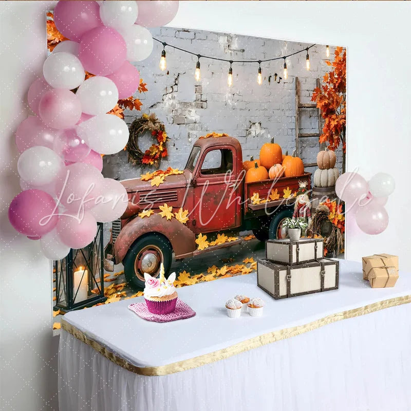 Lofaris Rustic Autumn Harvest Backdrop with Old Red Truck and Pumpkins Fall Leaves Photography Background for Thanksgiving Decor