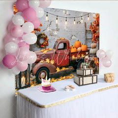 Lofaris Rustic Autumn Harvest Backdrop with Old Red Truck and Pumpkins Fall Leaves Photography Background for Thanksgiving Decor