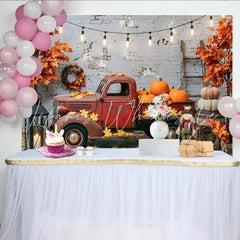 Lofaris Rustic Autumn Harvest Backdrop with Old Red Truck and Pumpkins Fall Leaves Photography Background for Thanksgiving Decor