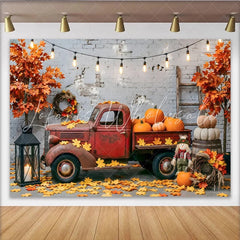 Lofaris Rustic Autumn Harvest Backdrop with Old Red Truck and Pumpkins Fall Leaves Photography Background for Thanksgiving Decor