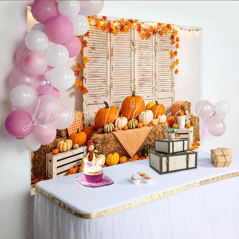 Lofaris Rustic Autumn Harvest Backdrop with Pumpkins and Hay Bales Fall Leaves Photography Background for Studio Decor