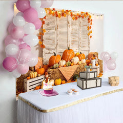 Lofaris Rustic Autumn Harvest Backdrop with Pumpkins and Hay Bales Fall Leaves Photography Background for Studio Decor