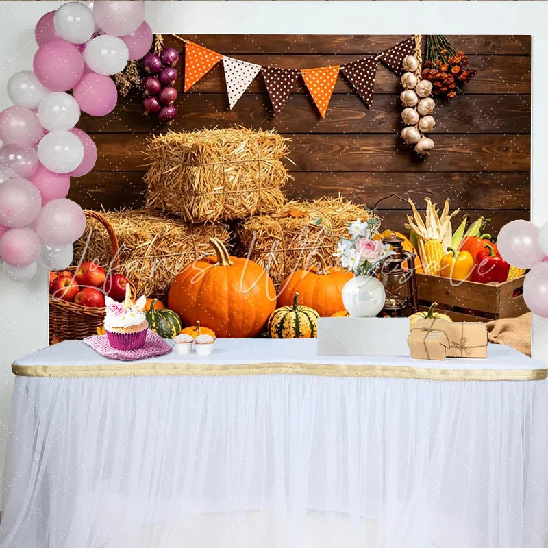Lofaris Rustic Autumn Harvest Backdrop with Pumpkins Hay Bales and Sunflowers Fall Festival for Thanksgiving Party Decor