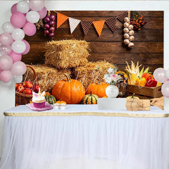 Lofaris Rustic Autumn Harvest Backdrop with Pumpkins Hay Bales and Sunflowers Fall Festival for Thanksgiving Party Decor