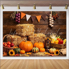 Lofaris Rustic Autumn Harvest Backdrop with Pumpkins Hay Bales and Sunflowers Fall Festival for Thanksgiving Party Decor