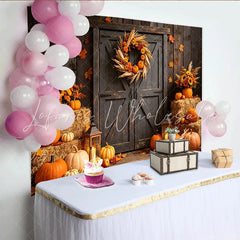 Lofaris Rustic Autumn Harvest Backdrop with Pumpkins Sunflowers and Barn Door Fall Photography Background for Thanksgiving Party Decor