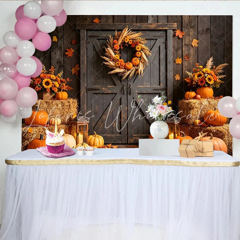 Lofaris Rustic Autumn Harvest Backdrop with Pumpkins Sunflowers and Barn Door Fall Photography Background for Thanksgiving Party Decor