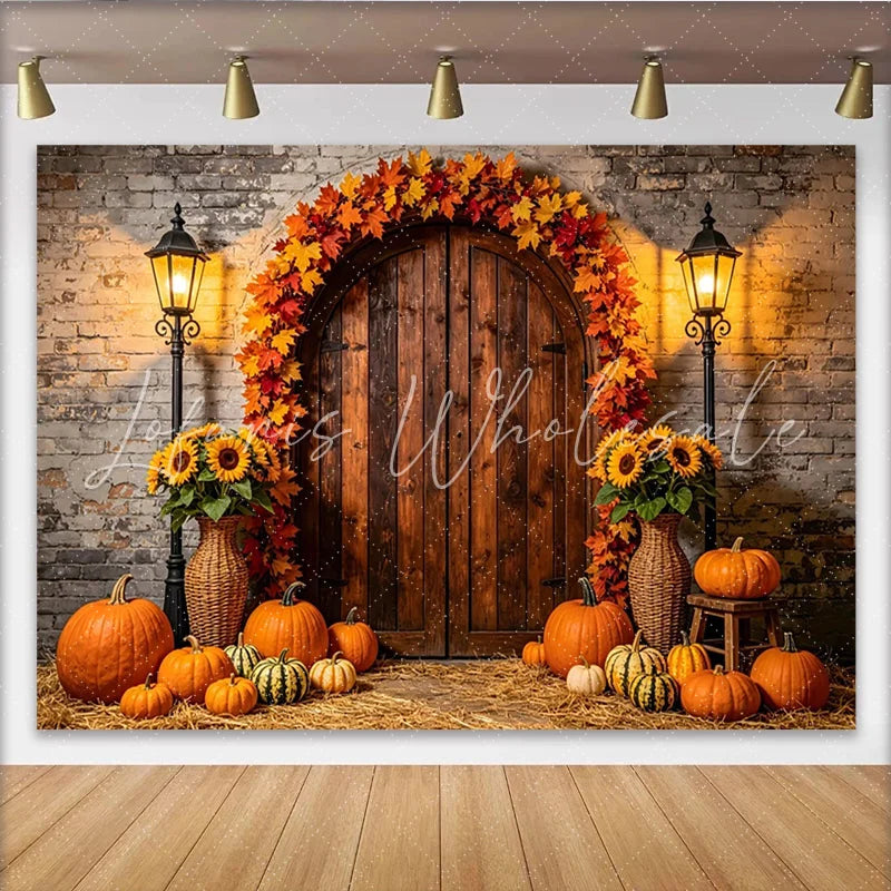 Lofaris Rustic Autumn Harvest Backdrop with Pumpkins Sunflowers and Fall Leaves Vintage Wooden Door Photography Background