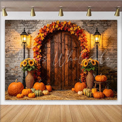Lofaris Rustic Autumn Harvest Backdrop with Pumpkins Sunflowers and Fall Leaves Vintage Wooden Door Photography Background