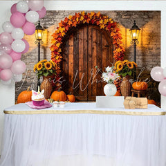 Lofaris Rustic Autumn Harvest Backdrop with Pumpkins Sunflowers and Fall Leaves Vintage Wooden Door Photography Background