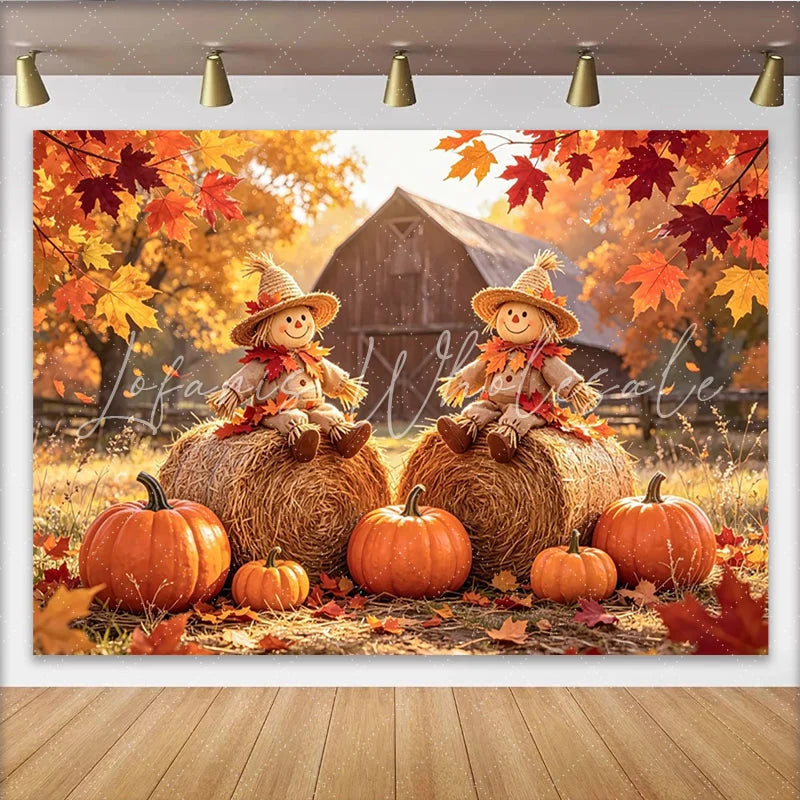 Lofaris Rustic Autumn Harvest Backdrop with Scarecrows and Pumpkins Farm Barn Photography Background for Fall Festival Decor