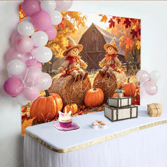 Lofaris Rustic Autumn Harvest Backdrop with Scarecrows and Pumpkins Farm Barn Photography Background for Fall Festival Decor