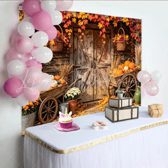 Lofaris Rustic Autumn Harvest Backdrop with Wooden Barn Door Colorful Maple Leaves and Pumpkins for Fall Photography