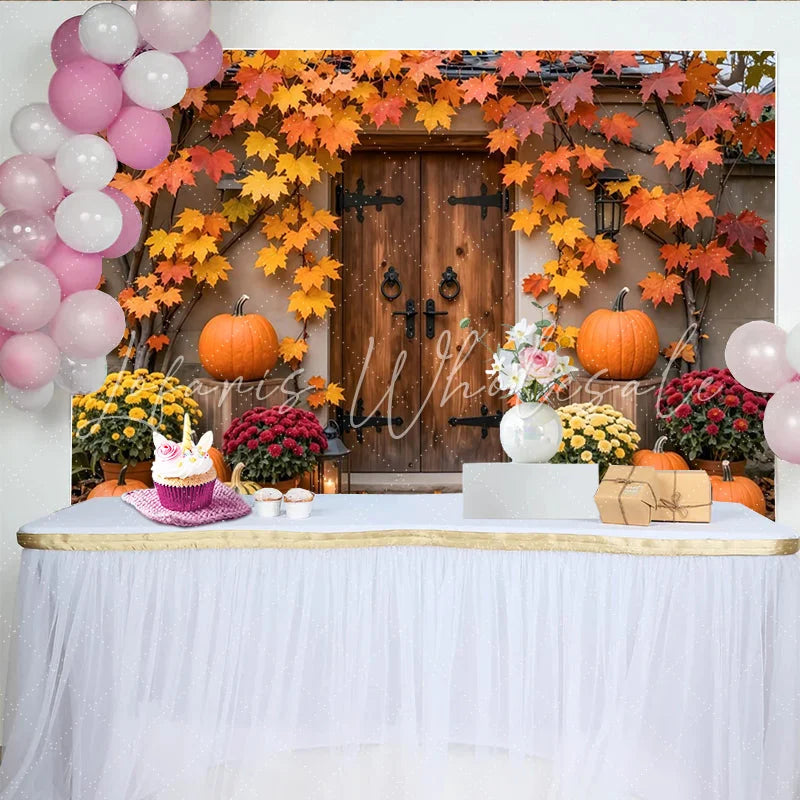 Lofaris Rustic Autumn Harvest Backdrop with Wooden Door and Maple Leaves Cozy Fall Porch Background for Thanksgiving Party Decor