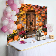 Lofaris Rustic Autumn Harvest Backdrop with Wooden Door and Maple Leaves Cozy Fall Porch Background for Thanksgiving Party Decor