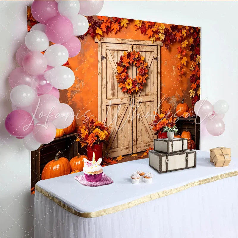Lofaris Rustic Autumn Harvest Backdrop with Wooden Door Pumpkins and Fall Leaves Elegant Photography Background for Thanksgiving Party Decor