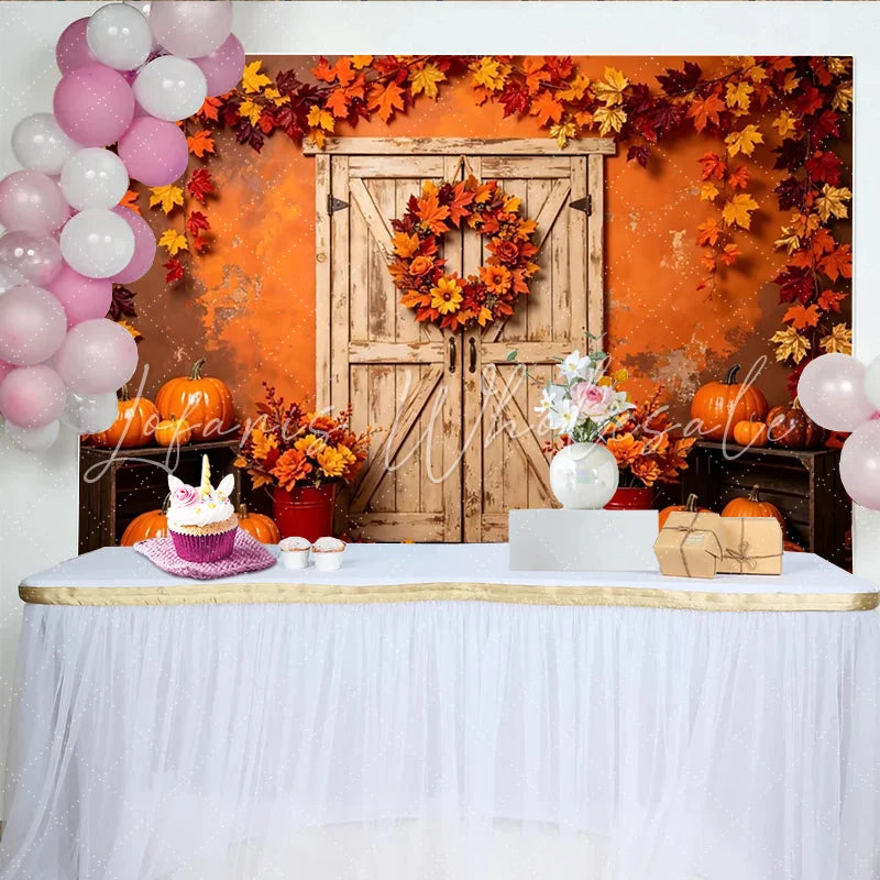Lofaris Rustic Autumn Harvest Backdrop with Wooden Door Pumpkins and Fall Leaves Elegant Photography Background for Thanksgiving Party Decor