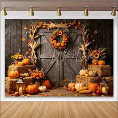 Lofaris Rustic Autumn Harvest Barn Door Backdrop with Pumpkins and Hay Bales Fall Festival Photography Background for Thanksgiving Decor