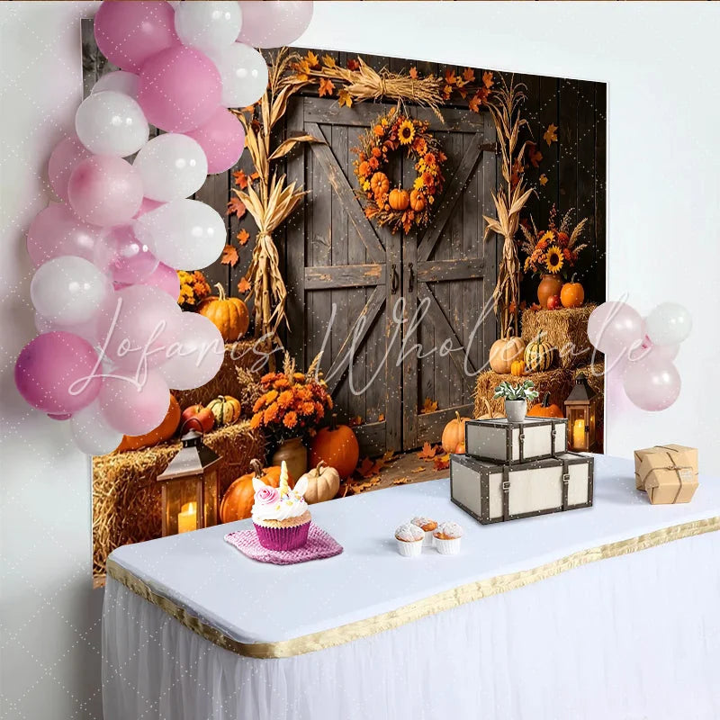 Lofaris Rustic Autumn Harvest Barn Door Backdrop with Pumpkins and Hay Bales Fall Festival Photography Background for Thanksgiving Decor