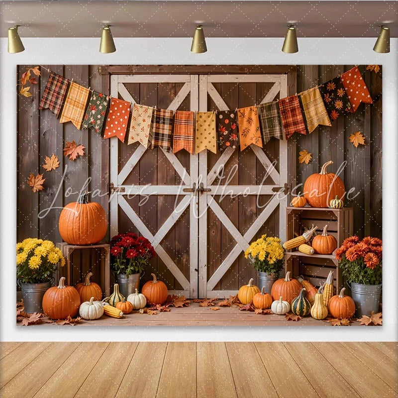Lofaris Rustic Autumn Harvest Holiday Backdrop with Pumpkins and Barn Door Fall Festival Photography Background Decor