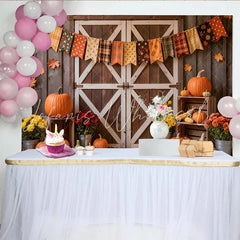 Lofaris Rustic Autumn Harvest Holiday Backdrop with Pumpkins and Barn Door Fall Festival Photography Background Decor