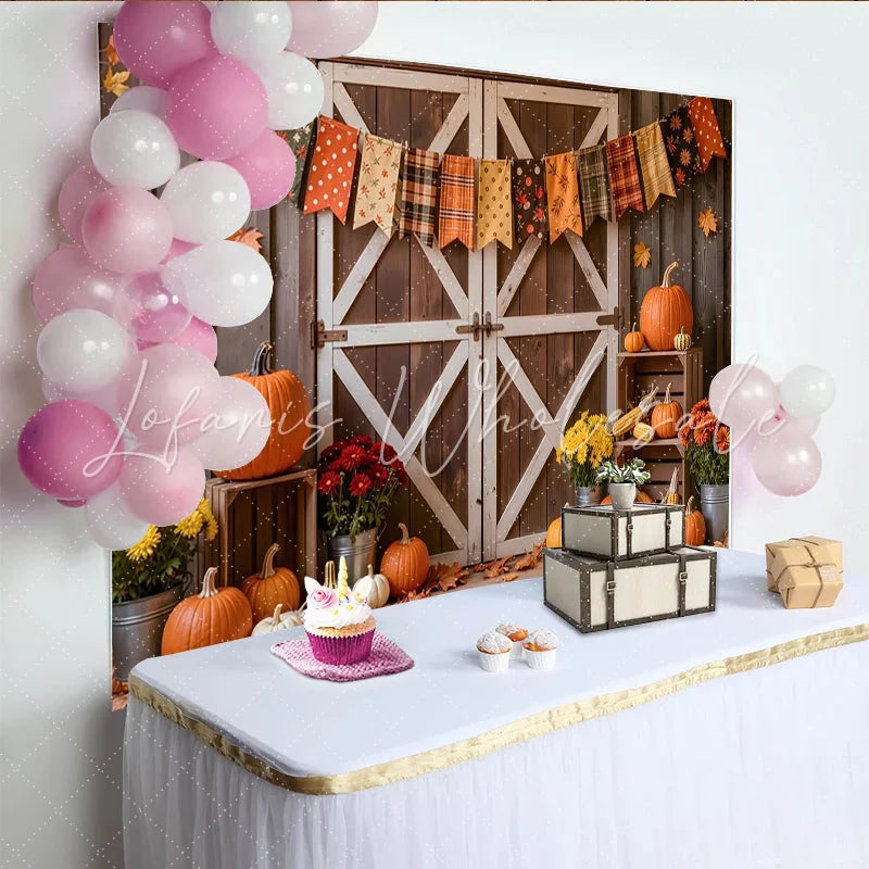 Lofaris Rustic Autumn Harvest Holiday Backdrop with Pumpkins and Barn Door Fall Festival Photography Background Decor