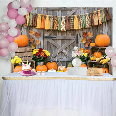 Lofaris Rustic Autumn Harvest Holiday Backdrop with Pumpkins and Fall Leaves Wooden Barn Door Background for Thanksgiving Party Decor