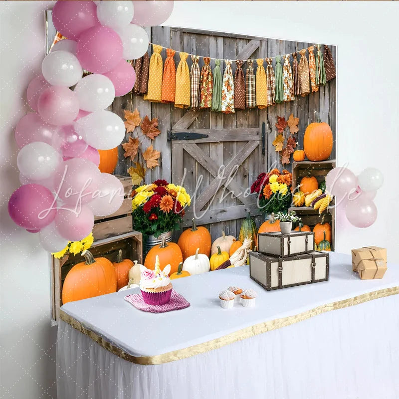 Lofaris Rustic Autumn Harvest Holiday Backdrop with Pumpkins and Fall Leaves Wooden Barn Door Background for Thanksgiving Party Decor