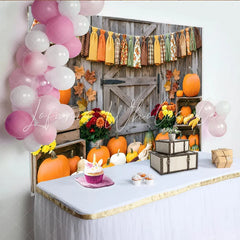 Lofaris Rustic Autumn Harvest Holiday Backdrop with Pumpkins and Fall Leaves Wooden Barn Door Background for Thanksgiving Party Decor