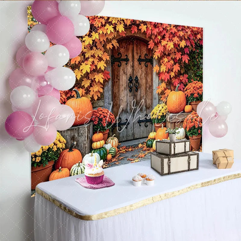 Lofaris Rustic Autumn Harvest Holiday Backdrop with Pumpkins and Fall Leaves Wooden Door Photography Background for Seasonal Decor
