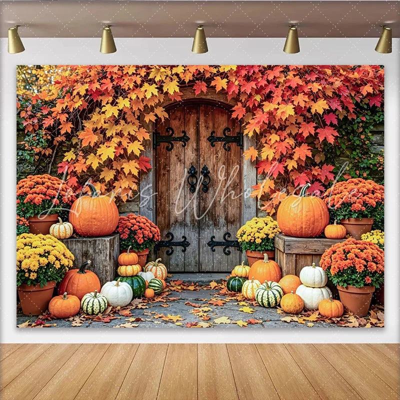 Lofaris Rustic Autumn Harvest Holiday Backdrop with Pumpkins and Fall Leaves Wooden Door Photography Background for Seasonal Decor