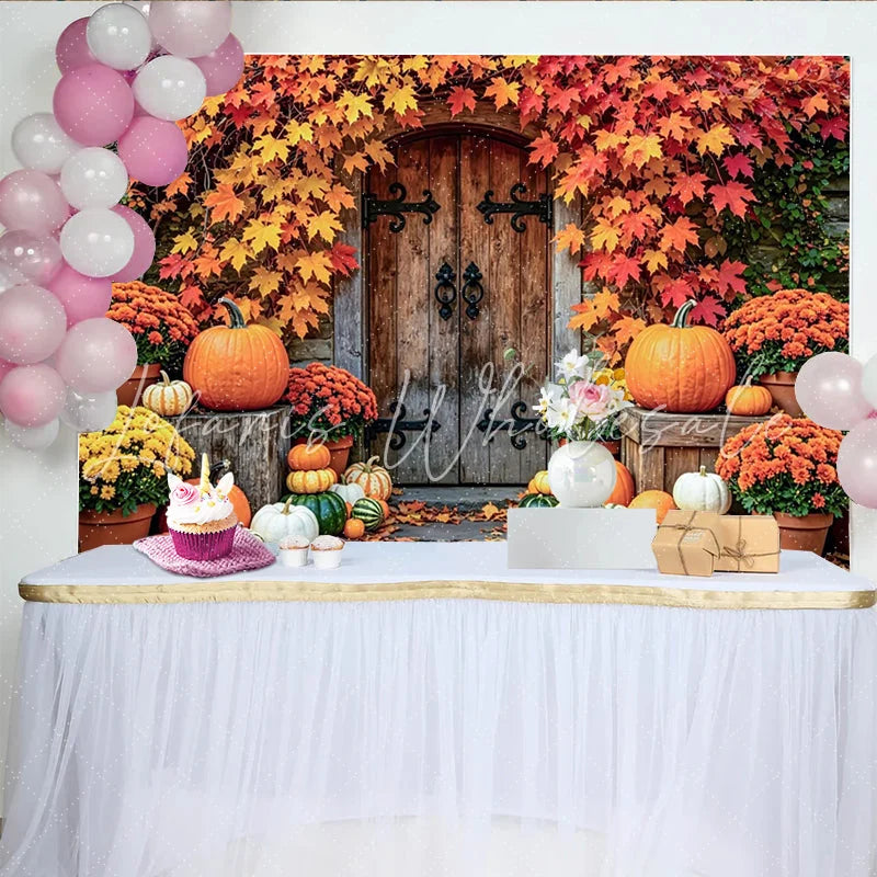 Lofaris Rustic Autumn Harvest Holiday Backdrop with Pumpkins and Fall Leaves Wooden Door Photography Background for Seasonal Decor