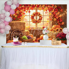 Lofaris Rustic Autumn Harvest Holiday Backdrop with Pumpkins and Hay Bales Cozy Fall Leaves Window Scene Photography Background