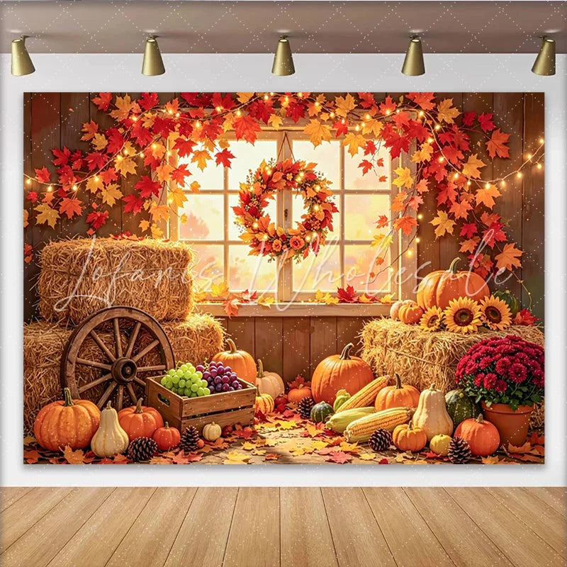 Lofaris Rustic Autumn Harvest Holiday Backdrop with Pumpkins and Hay Bales Cozy Fall Leaves Window Scene Photography Background