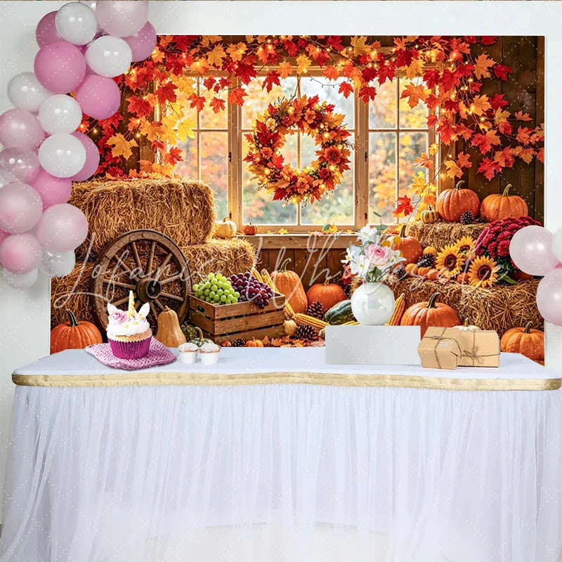 Lofaris Rustic Autumn Harvest Holiday Backdrop with Pumpkins Hay Bales and Maple Leaves Cozy Fall Farmhouse for Thanksgiving Party Decor