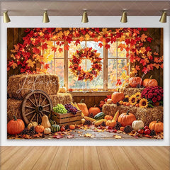 Lofaris Rustic Autumn Harvest Holiday Backdrop with Pumpkins Hay Bales and Maple Leaves Cozy Fall Farmhouse for Thanksgiving Party Decor
