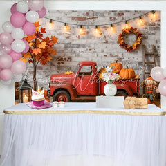 Lofaris Rustic Autumn Harvest Holiday Backdrop with Red Truck and Pumpkins Fall Photography Background for Thanksgiving Decor