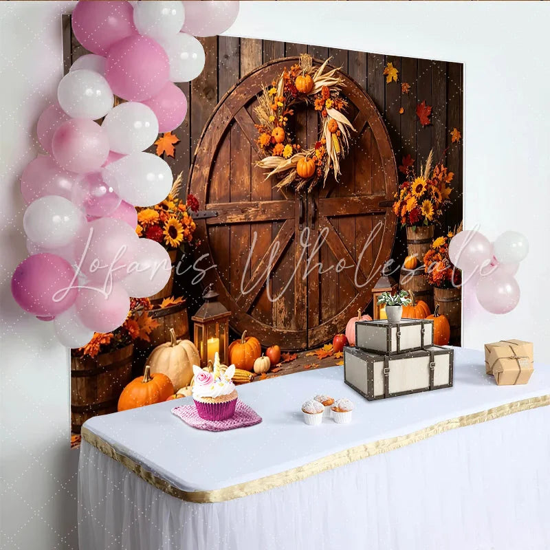 Lofaris Rustic Autumn Harvest Holiday Backdrop with Wooden Barn Door Pumpkins and Fall Leaves Seasonal Party Decor