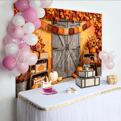 Lofaris Rustic Autumn Harvest Holiday Backdrop with Wooden Barn Door Vibrant Fall Leaves Photography Background for Thanksgiving