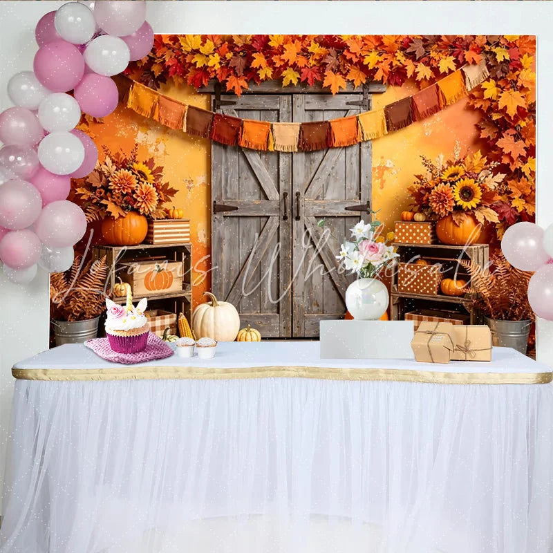 Lofaris Rustic Autumn Harvest Holiday Backdrop with Wooden Barn Door Vibrant Fall Leaves Photography Background for Thanksgiving