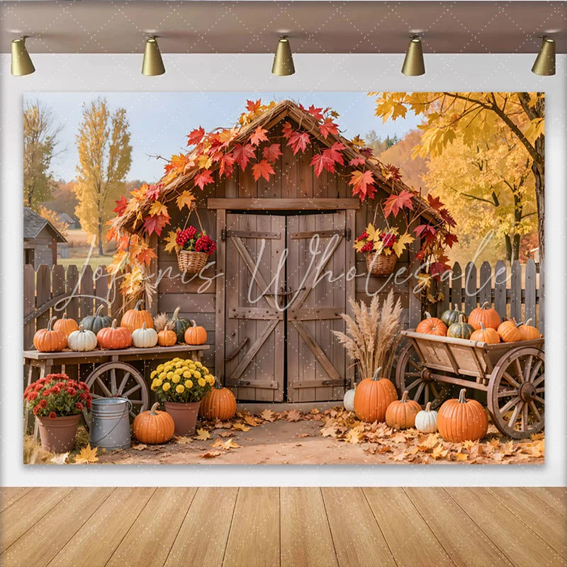 Lofaris Rustic Autumn Harvest Holiday Backdrop Wooden Shed with Pumpkins and Fall Leaves Photography Background for Seasonal Decor